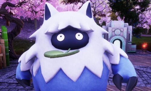 Palworld - Wumpo, a bumbling, large blue and white pal with cat ears and a leaf in its mouth.