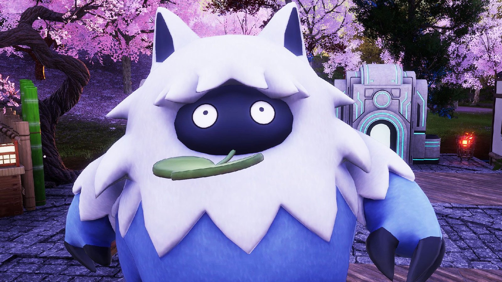 Palworld - Wumpo, a bumbling, large blue and white pal with cat ears and a leaf in its mouth.