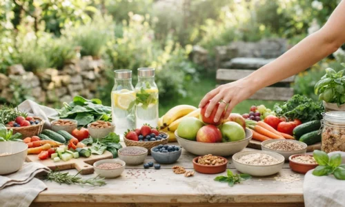 Mesa ao ar livre com frutas, legumes e grãos, mão escolhendo maçã saudável
