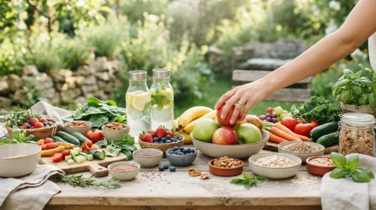 Mesa ao ar livre com frutas, legumes e grãos, mão escolhendo maçã saudável