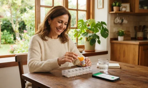 Pessoa organizando medicamentos à mesa, cuidando da saúde com sorriso