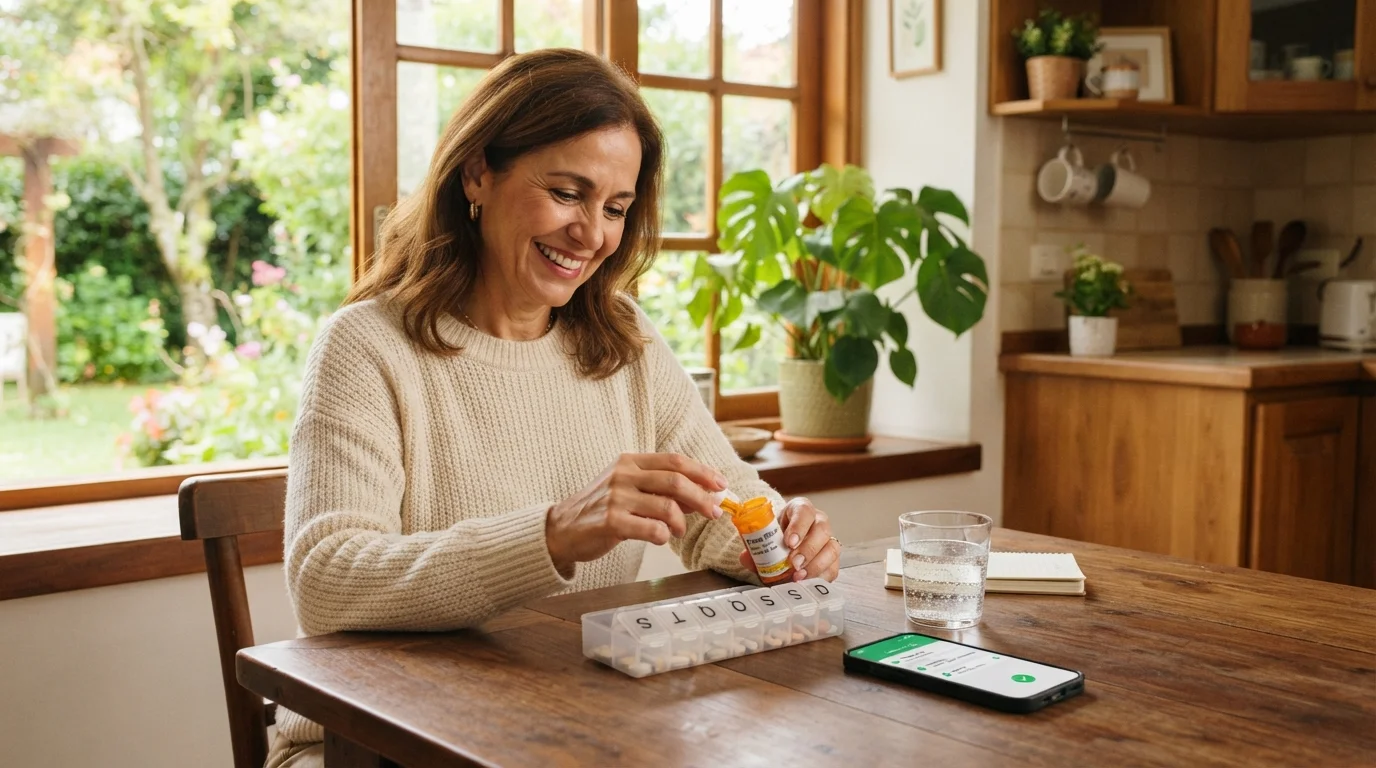 Pessoa organizando medicamentos à mesa, cuidando da saúde com sorriso
