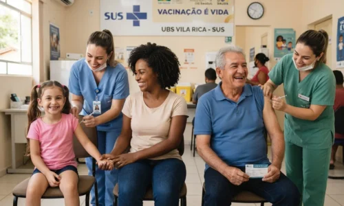 Pessoas de várias idades em posto de saúde, destacando que calendário vacinação não é só para crianças
