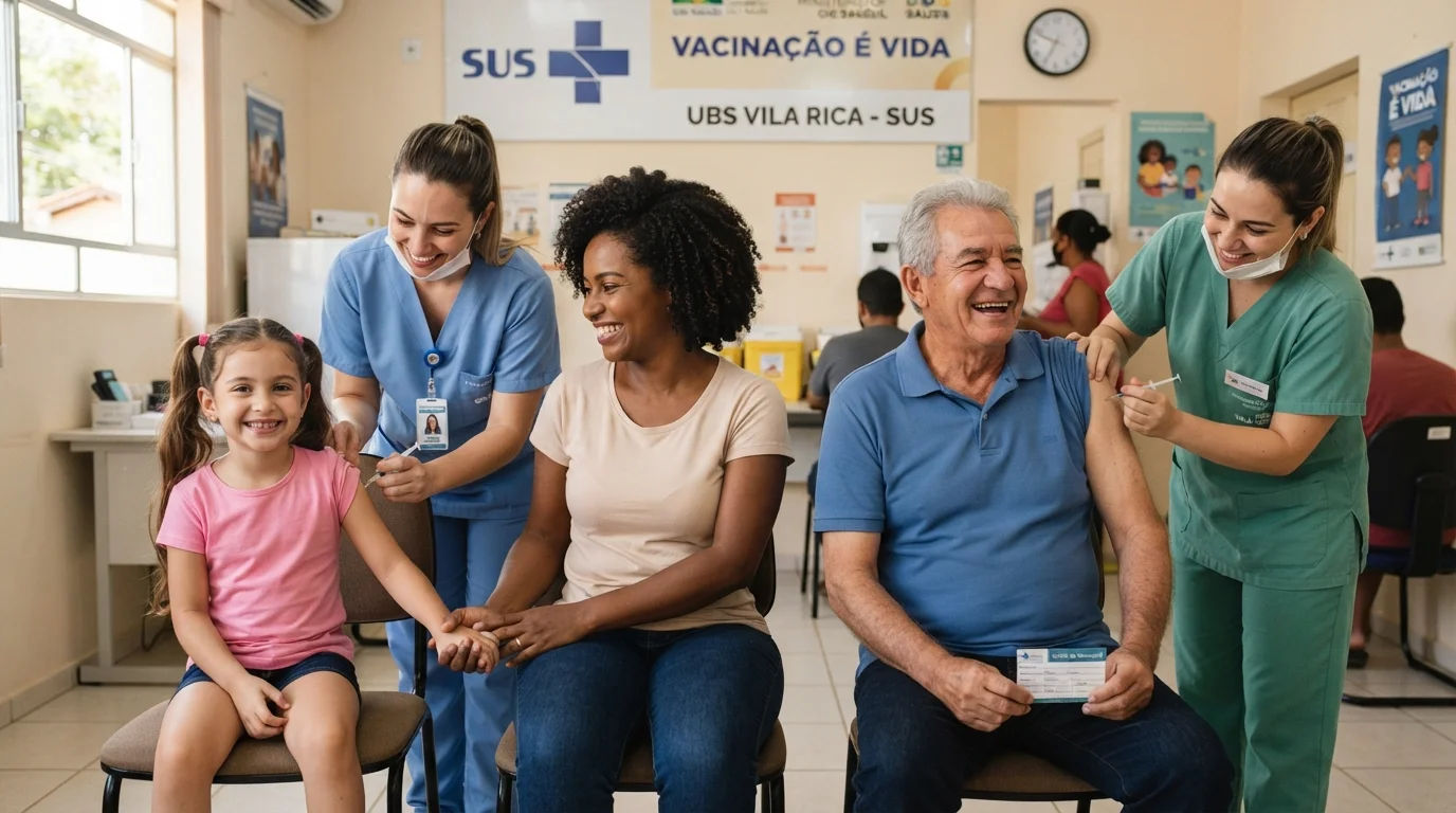Pessoas de várias idades em posto de saúde, destacando que calendário vacinação não é só para crianças