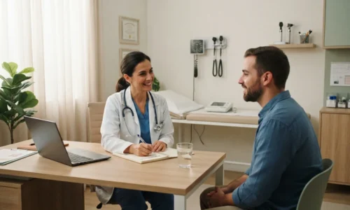 Médico realiza check up médico quando em consulta acolhedora com paciente adulto