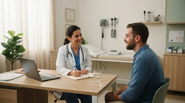 Médico realiza check up médico quando em consulta acolhedora com paciente adulto