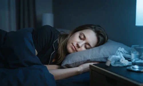 Pessoa dormindo tranquilamente em quarto minimalista com luz azulada, remetendo a que saúde sono é