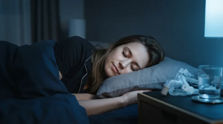 Pessoa dormindo tranquilamente em quarto minimalista com luz azulada, remetendo a que saúde sono é