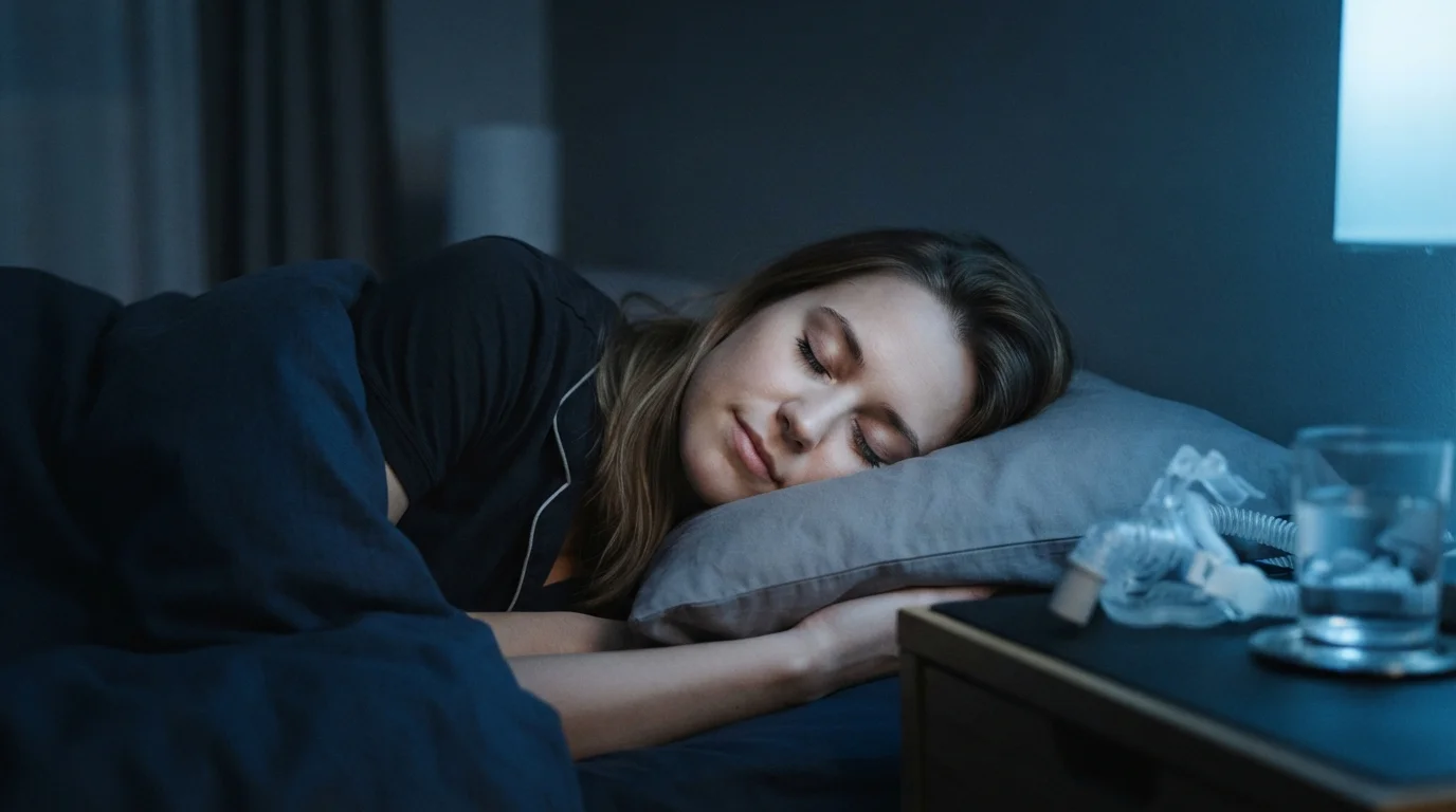 Pessoa dormindo tranquilamente em quarto minimalista com luz azulada, remetendo a que saúde sono é