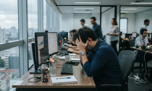 Trabalhador exausto com mãos na cabeça em ambiente corporativo moderno
