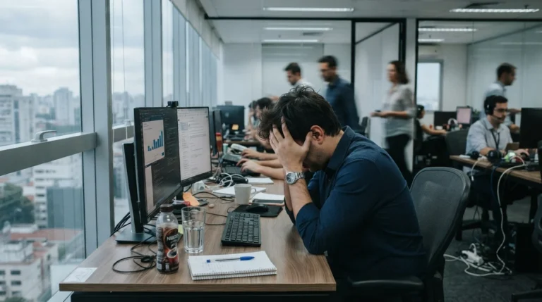 Trabalhador exausto com mãos na cabeça em ambiente corporativo moderno