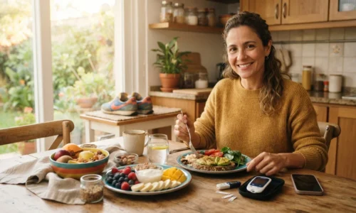 Adulto com diabetes tipo 2 5 sentado à mesa com alimentos saudáveis e monitor de glicemia