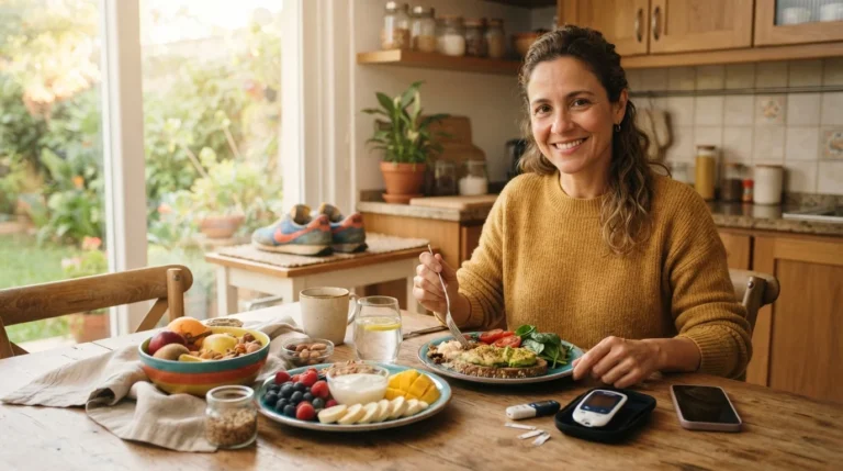 Adulto com diabetes tipo 2 5 sentado à mesa com alimentos saudáveis e monitor de glicemia