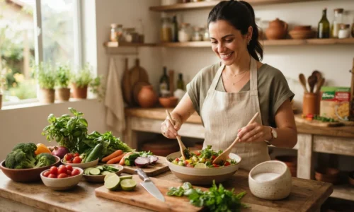 Pessoa preparando refeição saudável com vegetais frescos e saleiro vazio na cozinha