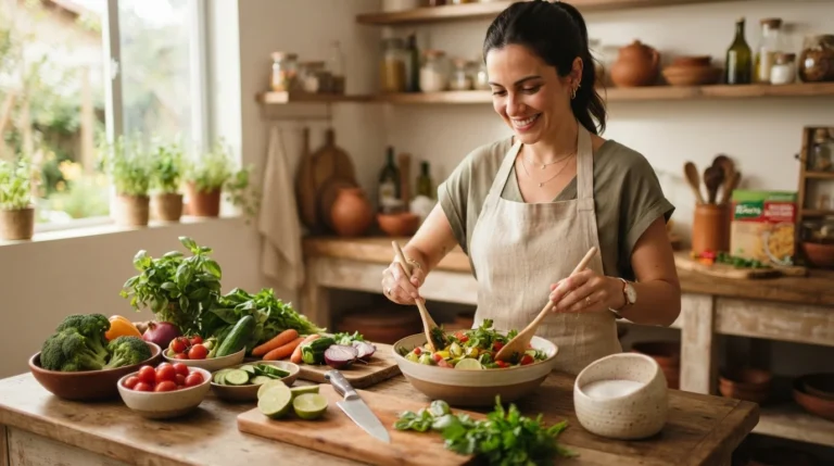 Pessoa preparando refeição saudável com vegetais frescos e saleiro vazio na cozinha