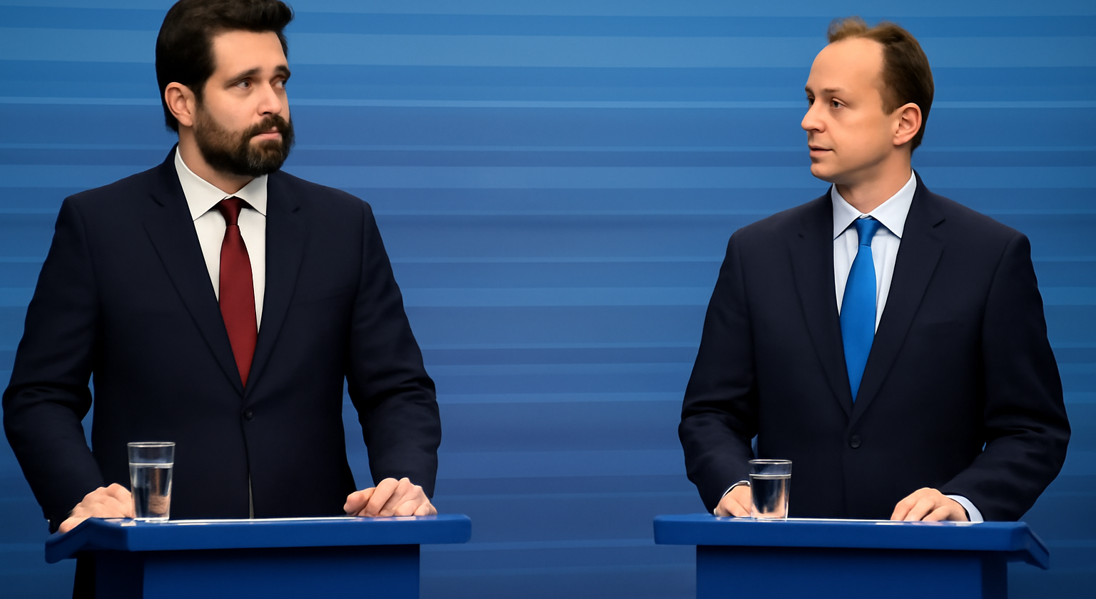 Imagem horizontal mostrando Requião Filho e Sandro Alex no debate para governador do Paraná