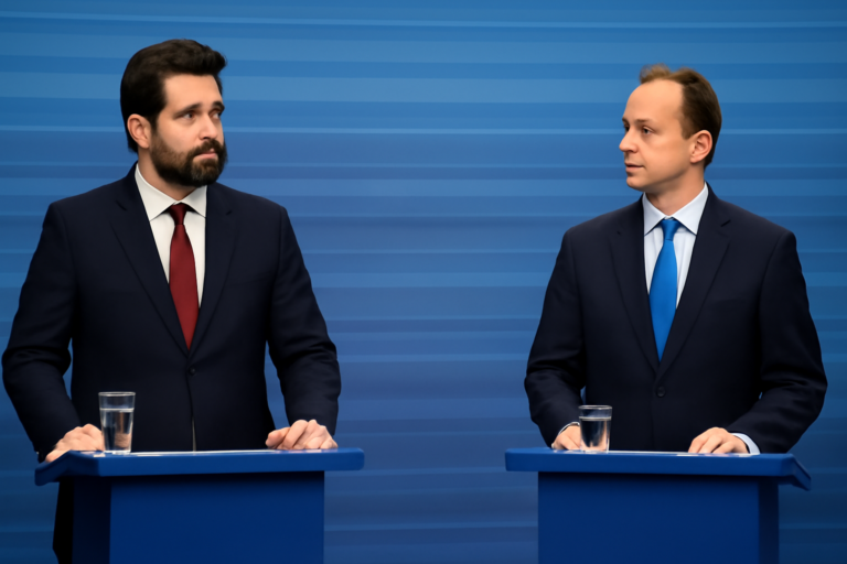 Imagem horizontal mostrando Requião Filho e Sandro Alex no debate para governador do Paraná