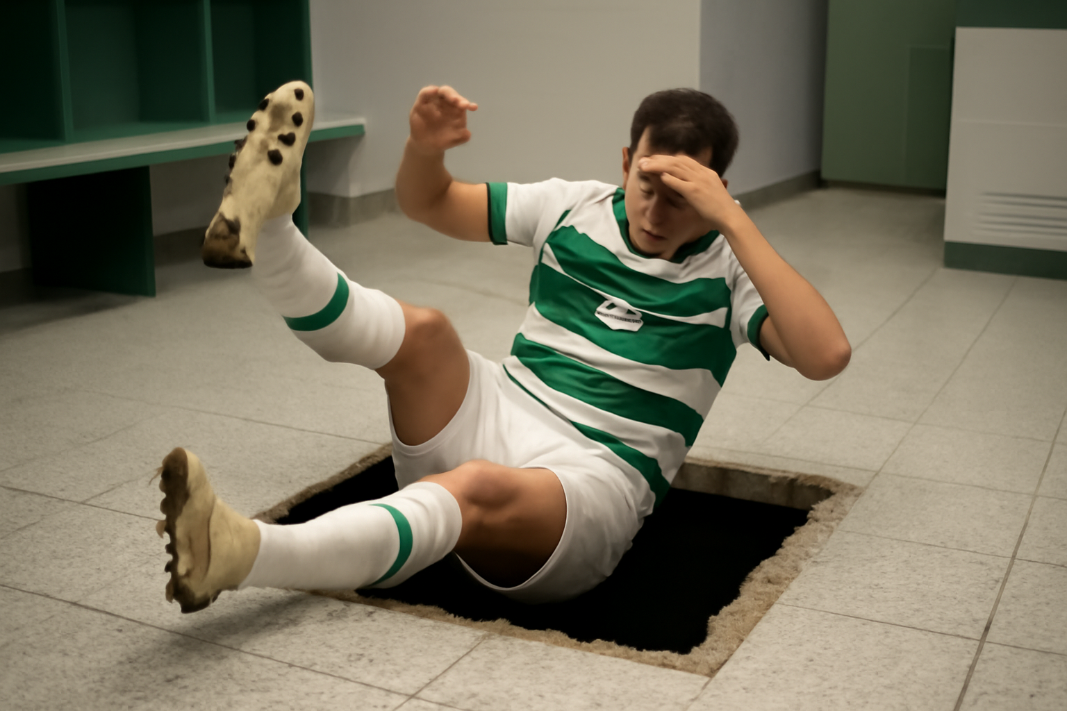 Jogador Coritiba cai buraco nos vestiários em cena da comemoração de gol anulado