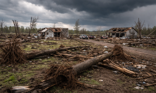 Área rural devastada com árvores arrancadas e casas danificadas após tornado ventos acima 200
