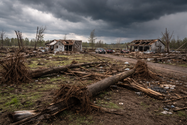 Área rural devastada com árvores arrancadas e casas danificadas após tornado ventos acima 200