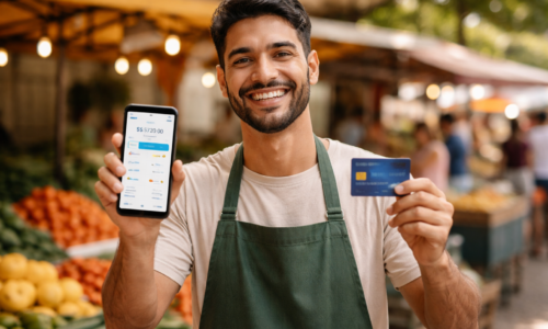 Trabalhador informal sorridente mostra cartão e celular com app financeiro