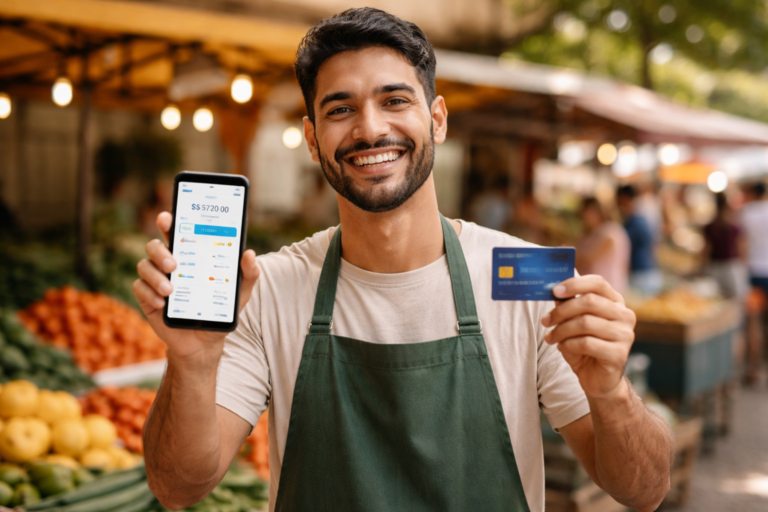 Trabalhador informal sorridente mostra cartão e celular com app financeiro