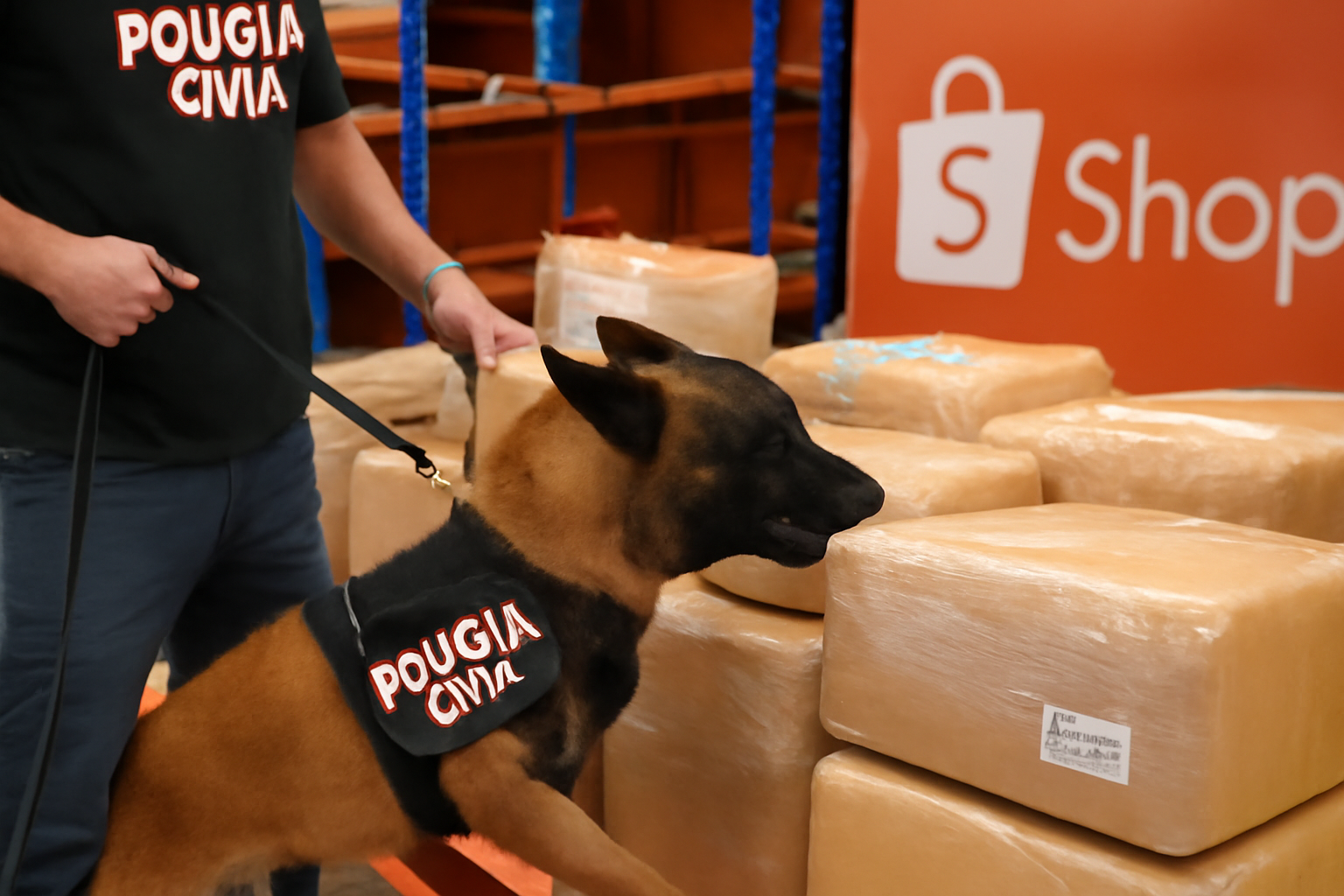 Cão farejador Polícia Civil próximo a caixas no CDD da Shopee em Cascavel
