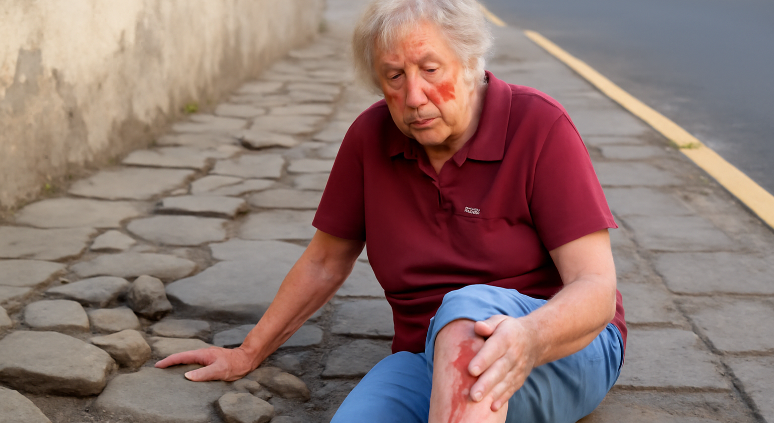 Imagem de idosa 79 anos fica ferida após queda em calçada com pedras soltas em Cascavel