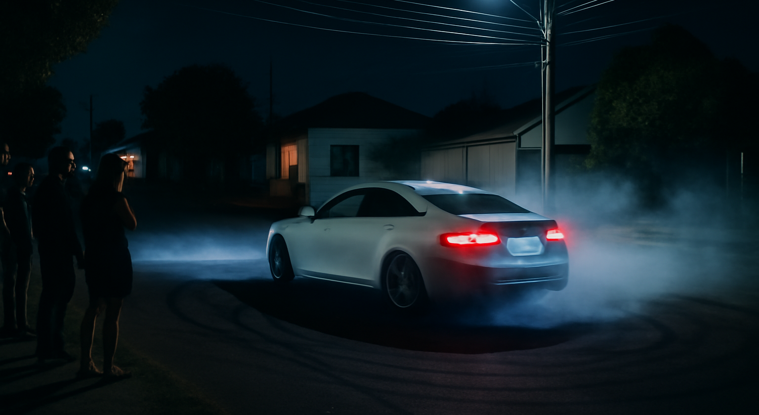 Carro Audi realizando manobras perigosas à noite com moradores bairro Canadá observando