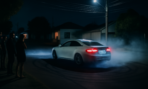 Carro Audi realizando manobras perigosas à noite com moradores bairro Canadá observando