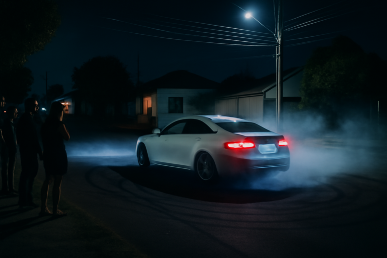 Carro Audi realizando manobras perigosas à noite com moradores bairro Canadá observando