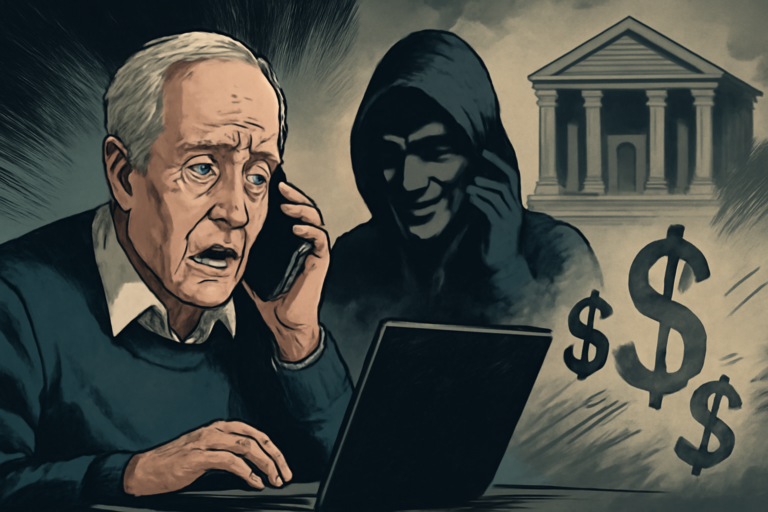 Imagem representando golpistas que usam medo urgência no golpe da falsa central bancária