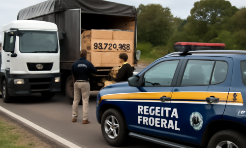 Imagem de caminhão com carga avaliada R apreendido em fiscalização da Receita Federal e PM em Vitorino