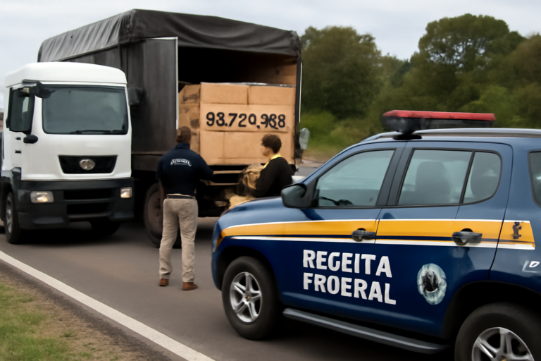 Imagem de caminhão com carga avaliada R apreendido em fiscalização da Receita Federal e PM em Vitorino
