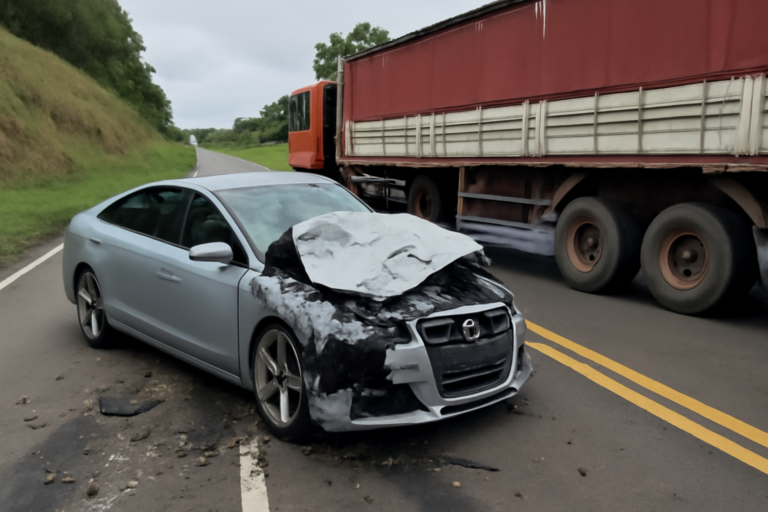 Imagem ilustrativa de acidente entre Audi e caminhão na PR-090, motorista 20 anos morre