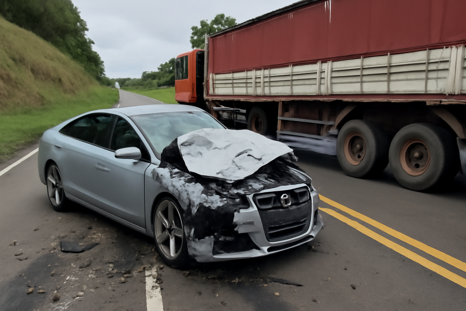 Imagem ilustrativa de acidente entre Audi e caminhão na PR-090, motorista 20 anos morre