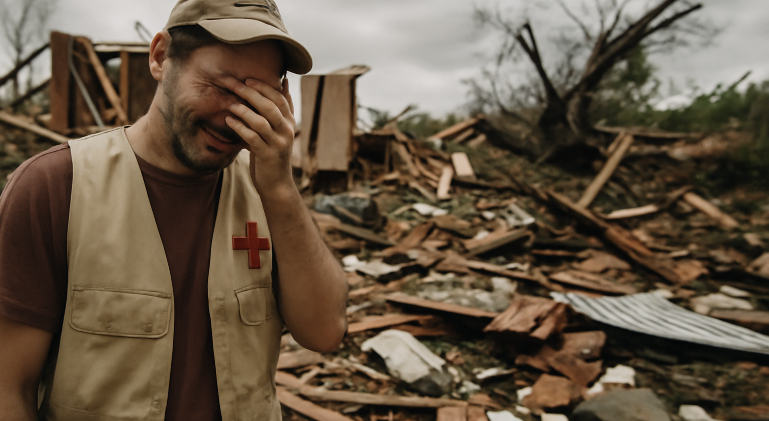 Imagem do voluntário que ajudou vítimas ao lado da casa destruída pelo tornado no Paraná
