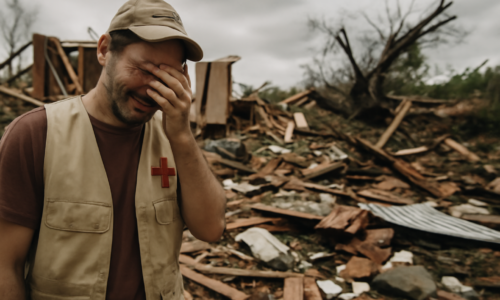 Imagem do voluntário que ajudou vítimas ao lado da casa destruída pelo tornado no Paraná
