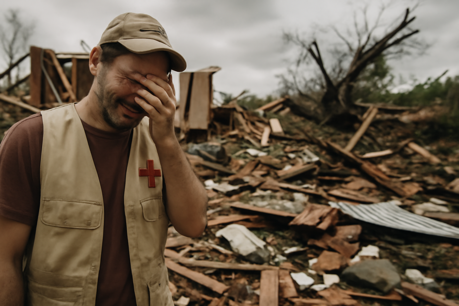 Imagem do voluntário que ajudou vítimas ao lado da casa destruída pelo tornado no Paraná
