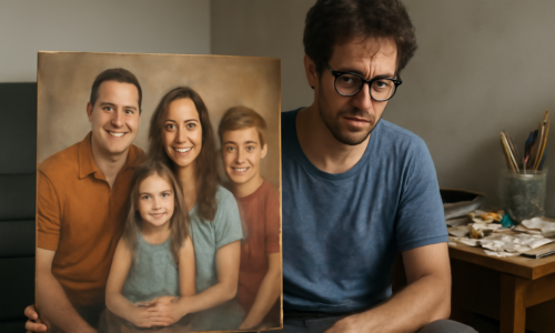 Imagem horizontal mostrando artista do Paraná que enfrenta rejeição ao pintar retrato de família