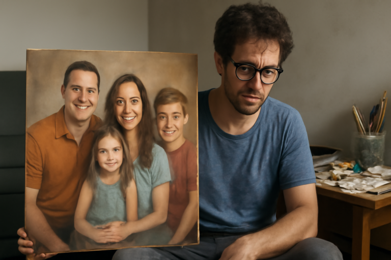 Imagem horizontal mostrando artista do Paraná que enfrenta rejeição ao pintar retrato de família