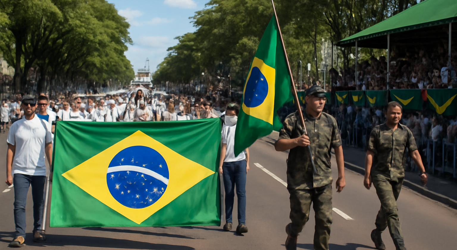 Imagem horizontal do desfile cívico militar 7 em Cascavel com participantes em formação