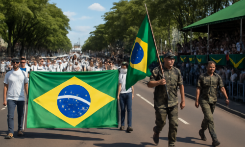 Imagem horizontal do desfile cívico militar 7 em Cascavel com participantes em formação