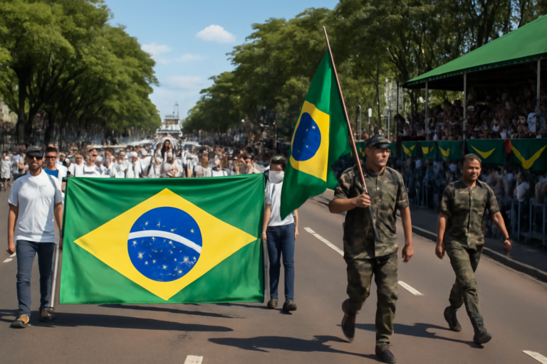 Imagem horizontal do desfile cívico militar 7 em Cascavel com participantes em formação