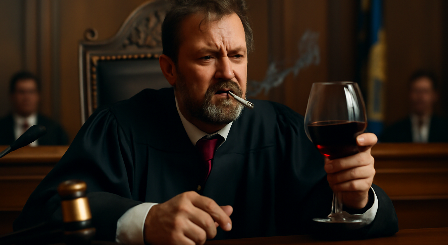 Imagem representando juiz afastado após ser flagrado fumando e bebendo vinho em audiência