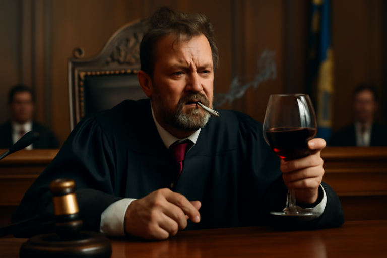 Imagem representando juiz afastado após ser flagrado fumando e bebendo vinho em audiência
