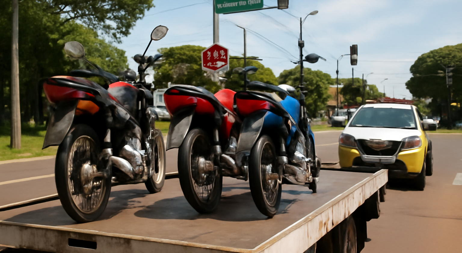 Imagem horizontal mostrando três motos apreendidas em cruzamento de Cascavel