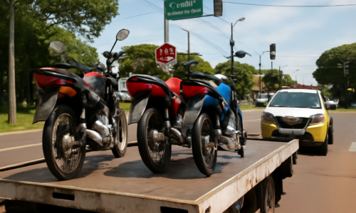 Imagem horizontal mostrando três motos apreendidas em cruzamento de Cascavel