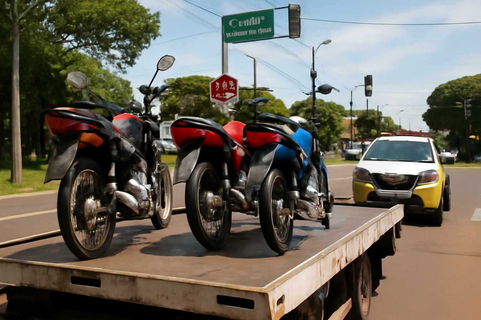 Imagem horizontal mostrando três motos apreendidas em cruzamento de Cascavel