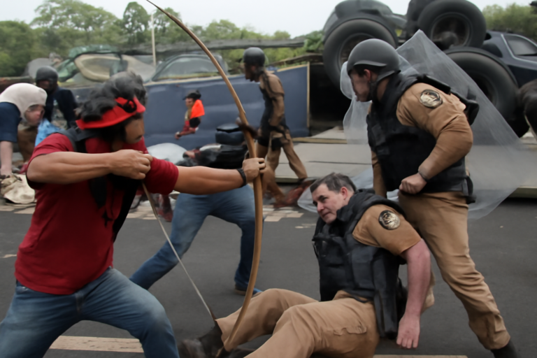 Imagem representando PM é ferido durante confronto com indígenas saqueando carga